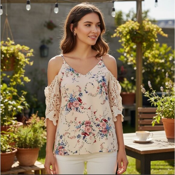 SheIn ✦ Floral Lace Cold Shoulder Top ✦ Light Pink Boho Bloom NWOT S (Fits M/L) - Picture 7 of 9